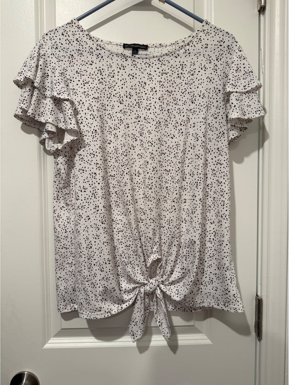 Adrianna Papell Women's Medium White Polka Dot Tie-Front Blouse with Ruffle Slee